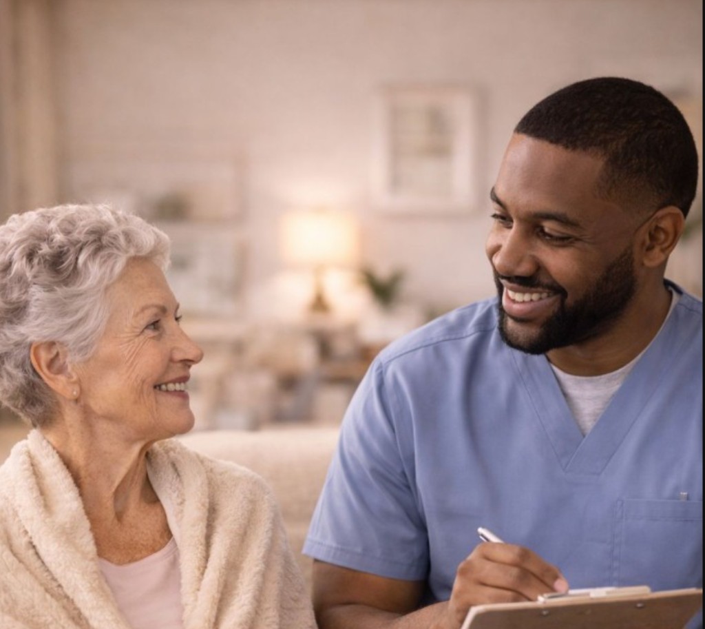 Caregiver reviewing care with a senior patient at home