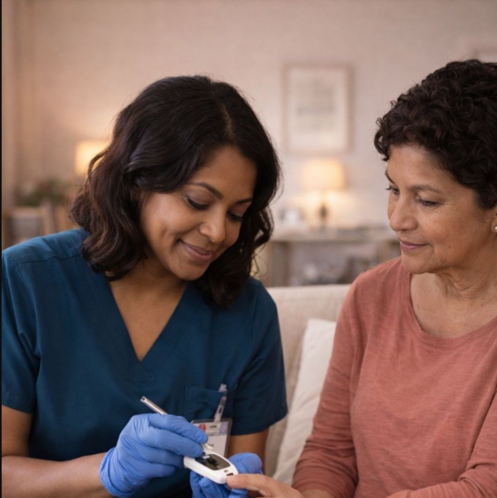 In-home blood glucose monitoring with a clinician and senior patient